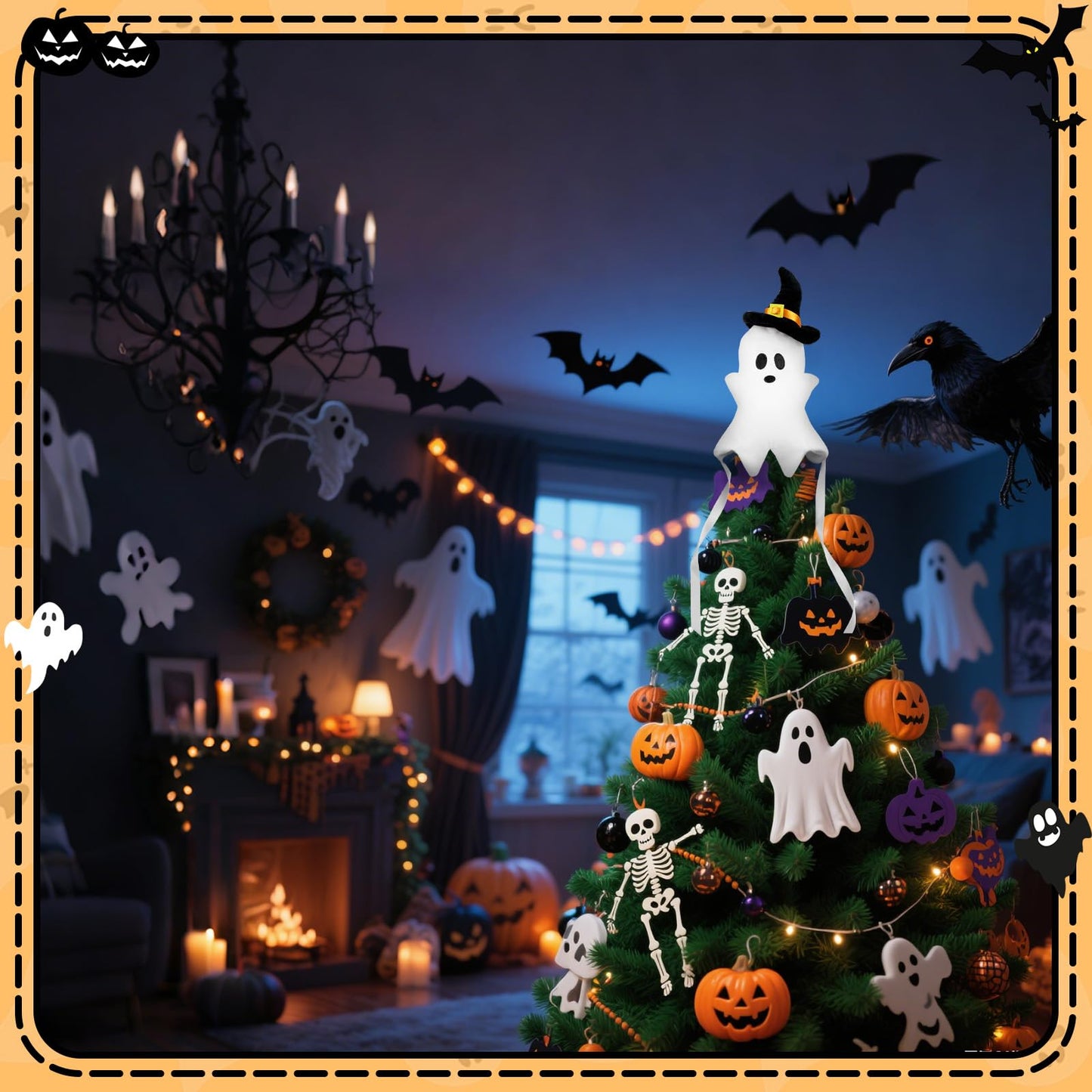 Halloween Christmas Tree Topper,Fall Ghost Elf Tree Topper,Cute with Black Hat Plush Stuffed White Ghost Tree Top Decor for Halloween Party Home Indoor/Outdoor Tree Topper Decoration