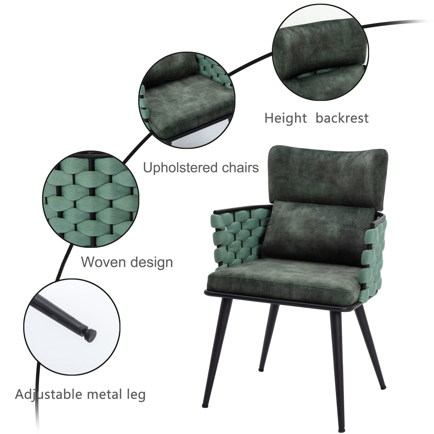 BFZ Mid-Century Modern Dining Chairs Set of 2, Handmade Woven Kitchen Chairs, Upholstered Velvet Dining Chairs with Metal Legs for Kitchen, Dining Room, Living Room