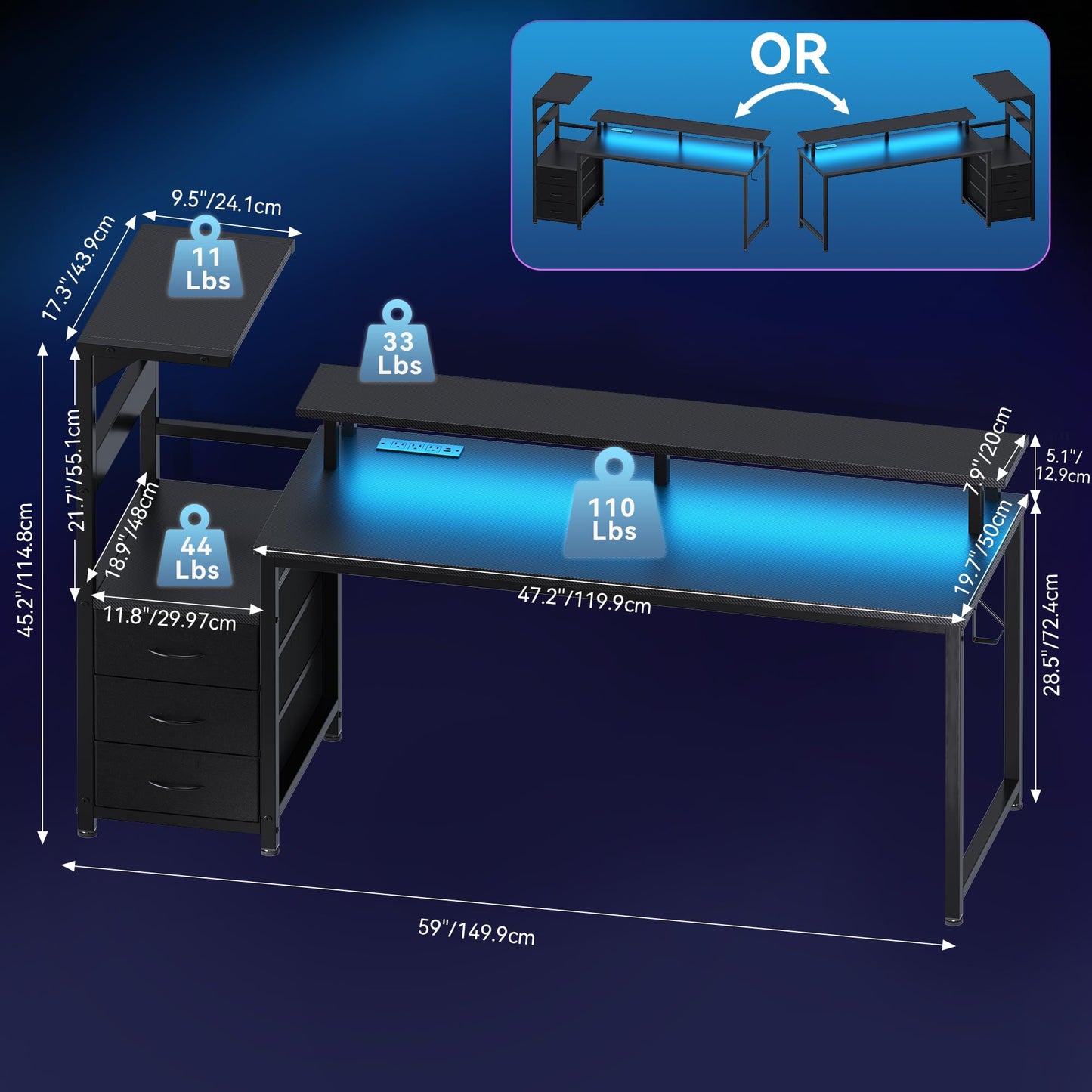 DUMOS L Shaped Gaming Desk with Shelves Storage Drawers 58'', Black Computer Desks with LED Lights Power Outlets, Office Wood Table with PC Stand Cable Management for Bedroom Dual Monitor Streaming