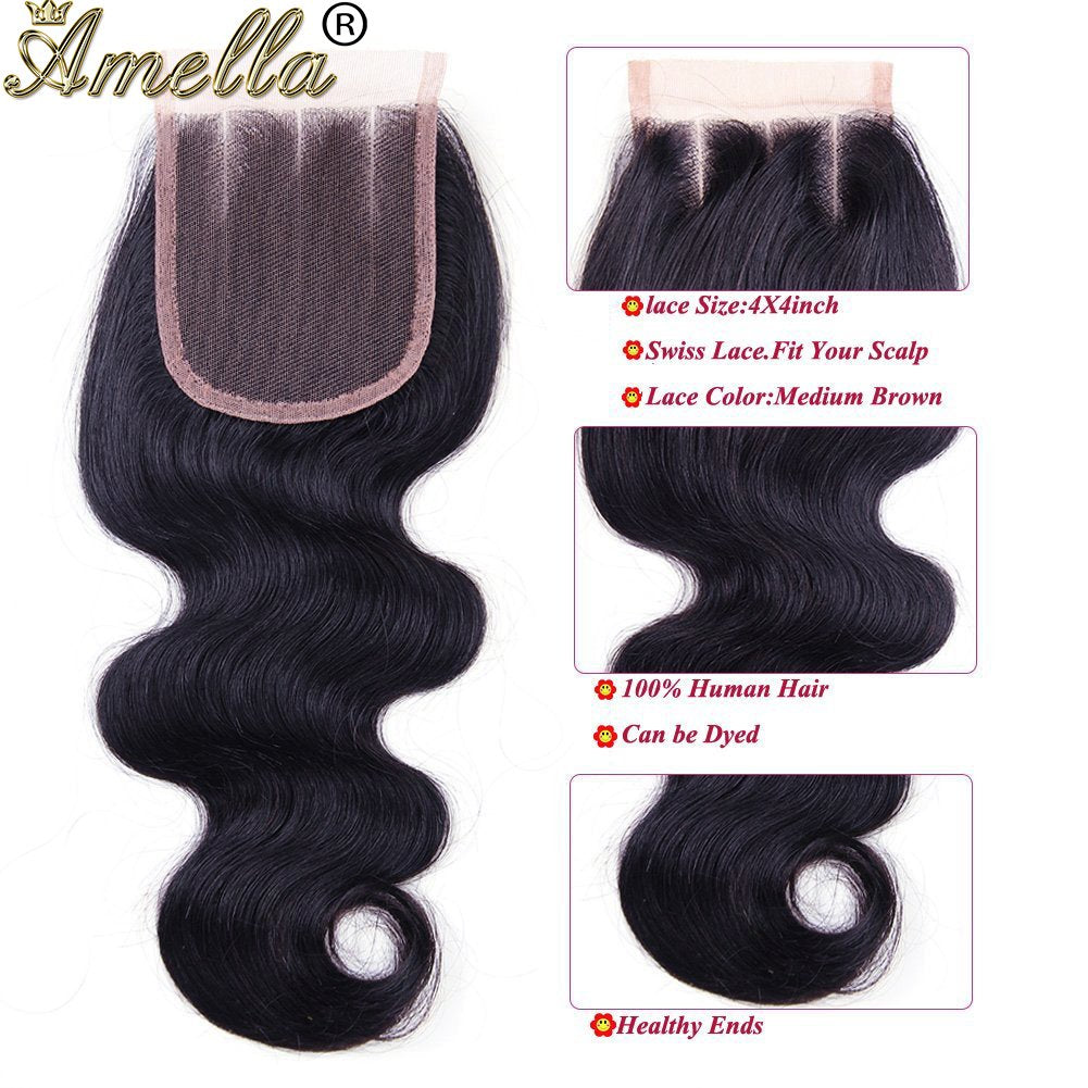 Amella Hair 8A Grade Brazilian Virgin Hair Body Wave 3 Bundles with Closure (14 16 18+14Closure,Three Part) 100% Unprocessed Bra