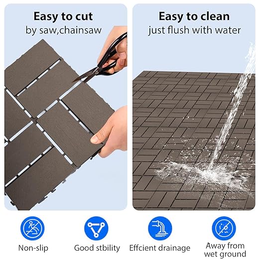 12 PCS 12x12 Inch Interlocking Deck Tiles - Waterproof All-Weather Outdoor Patio Flooring for Pool, Balcony, Backyard, Porch & Garden, Chocolate
