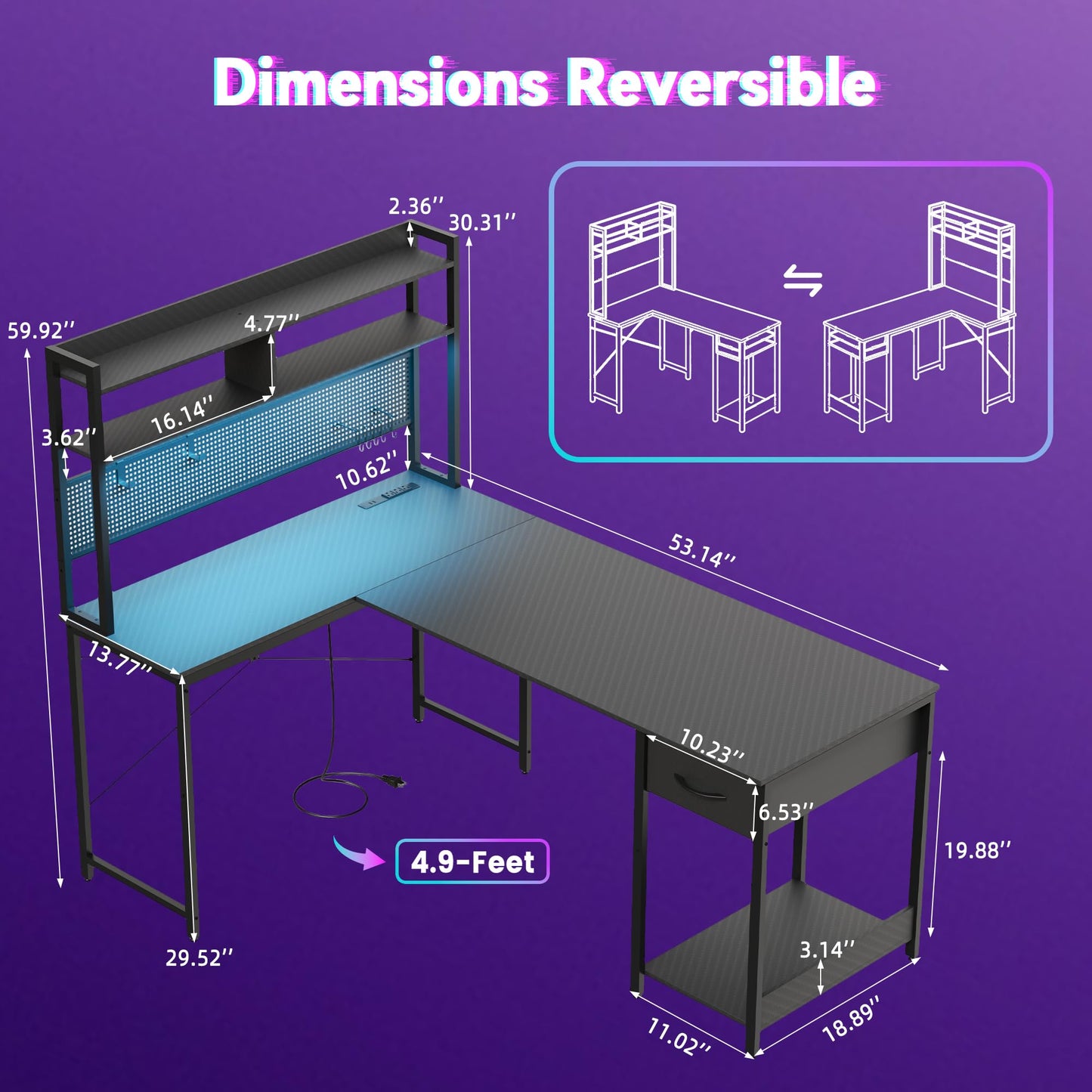 Apicizon L Shaped Gaming Desk 53", Reversible Corner Computer Desk with LED Lights, Carbon Fiber Surface, Pegboard with Hooks, Drawer & PC Tower Stand, USB Charging Port
