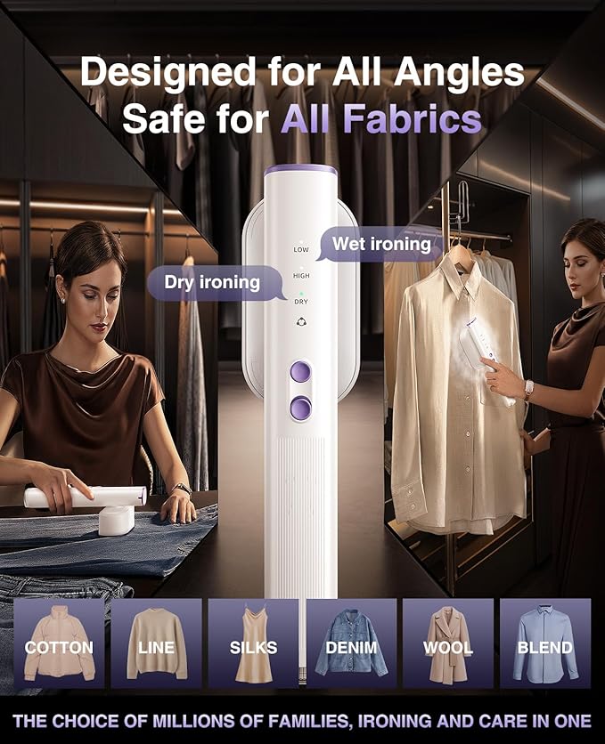 Negative Lons Series Steamer for Clothes, Large Panel 0.5s Wrinkles Removal, 3 Modes Steamer ＆ Iron Dual Voltage Handheld Portable Travel Garment Steamers for Home, Global ＆ Europe Traveling