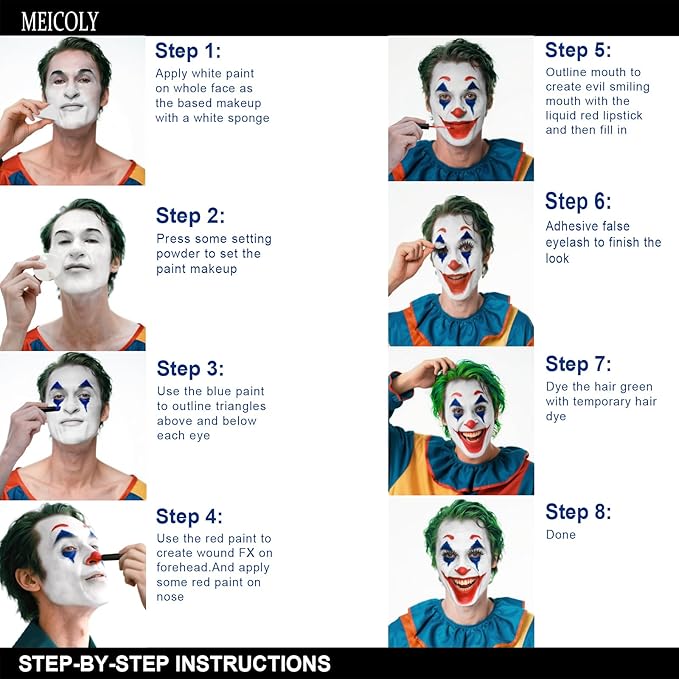 MEICOLY Joker Makeup Kit,Complete Joker Costume Clown Makeup,Clown White Face Paint Character Set for Halloween SFX Cosplay Stage Performance Theatre,Green Hair Dye,Setting Powder,Red Lip Gloss