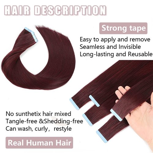 Tape in Hair Extenions 99j Burgundy Color 100% Remy Human Hair Tape in Straight Seamless Skin Weft Tape Hair Extensions Real Natural Hair Extensions 40g 20Pcs （24 inches）