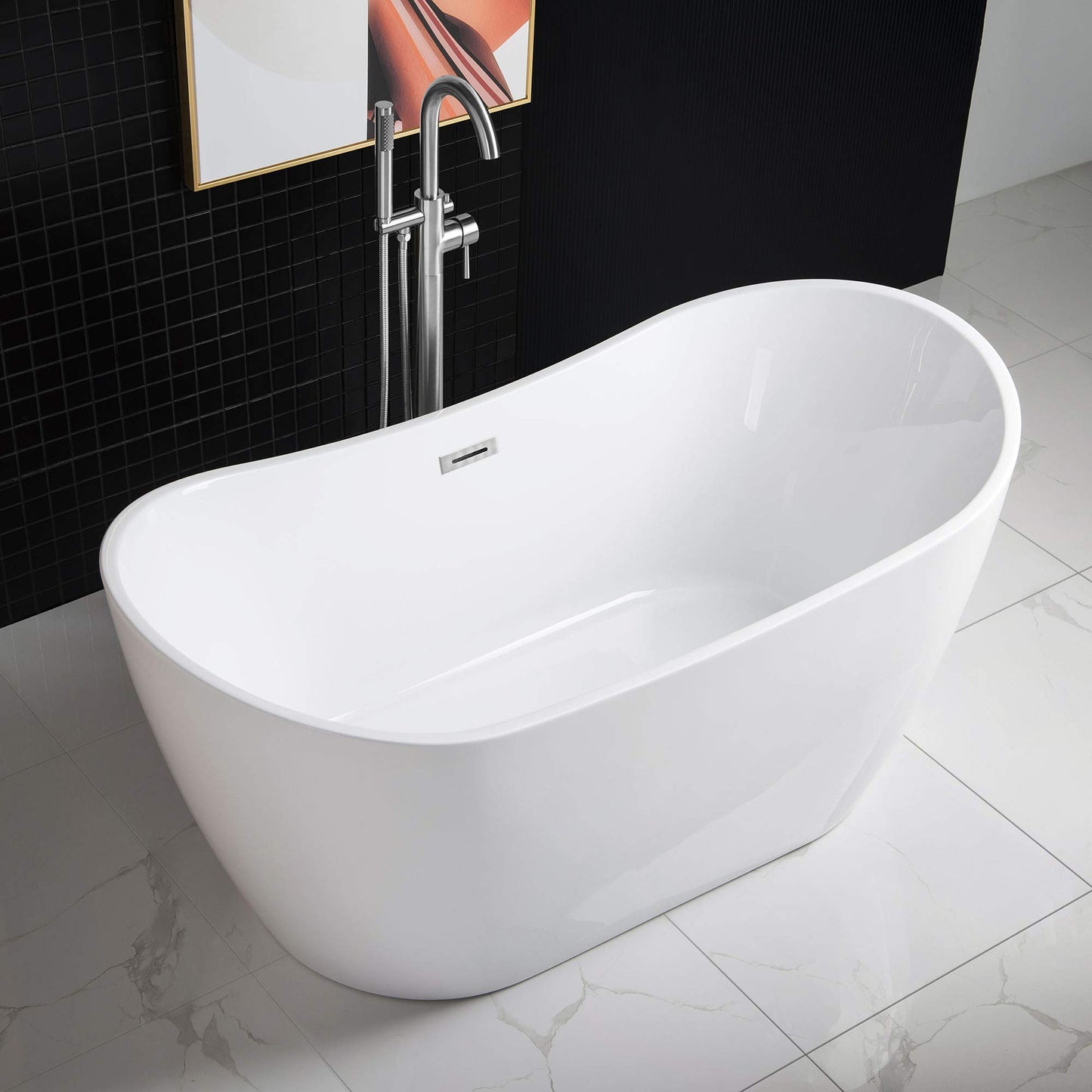 WOODBRIDGE 59" Acrylic Freestanding Bathtub Contemporary Soaking White Tub with Chrome Overflow and Drain，BTA1516-C-Drain-&O
