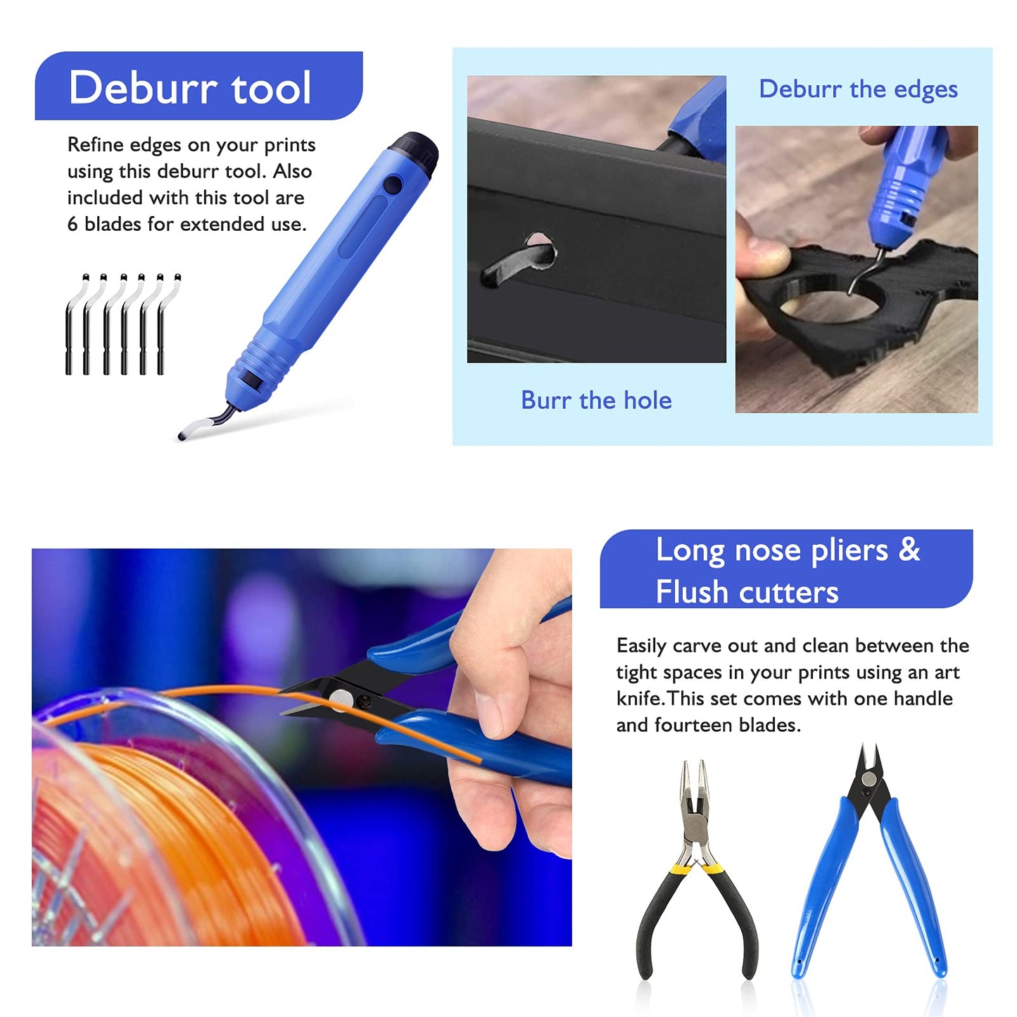 YEETIN 45 Pieces 3D Printer Tools Kit, 3D Printing Accessory Includes Deburring Tool, Digital Caliper, Art Knife Set, Tube Cutter, Storage Bag Suitable for 3D Print Removing, Cleaning, Finishing