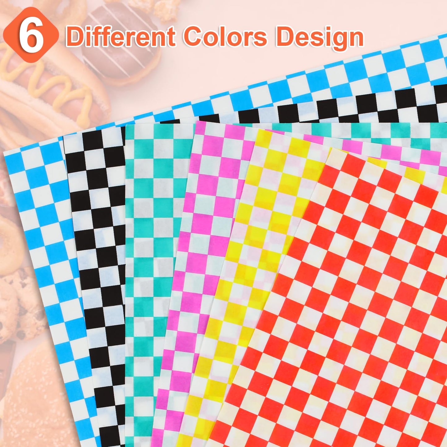 Ninsula Deli Paper Sheets 126P, 11.5x11.5 In Checkered Sandwich Paper Wraps, 6 Colors Basket Liners For Food Serving, Grease Resistant Burger Wrappers for BBQ, Picnic, Party