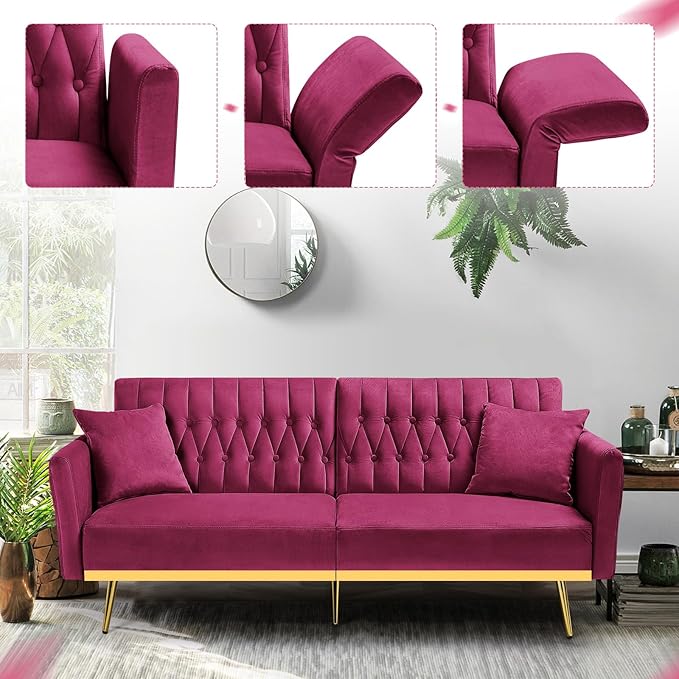 ACMEASE 70” Velvet Futon Sofa Bed with 2 Pillows and Adjustable Armrests, Convertible Sleeper Bed W/Adjustable Backrests, Modern Loveseat for Living Room, Bedroom, Fuchsia