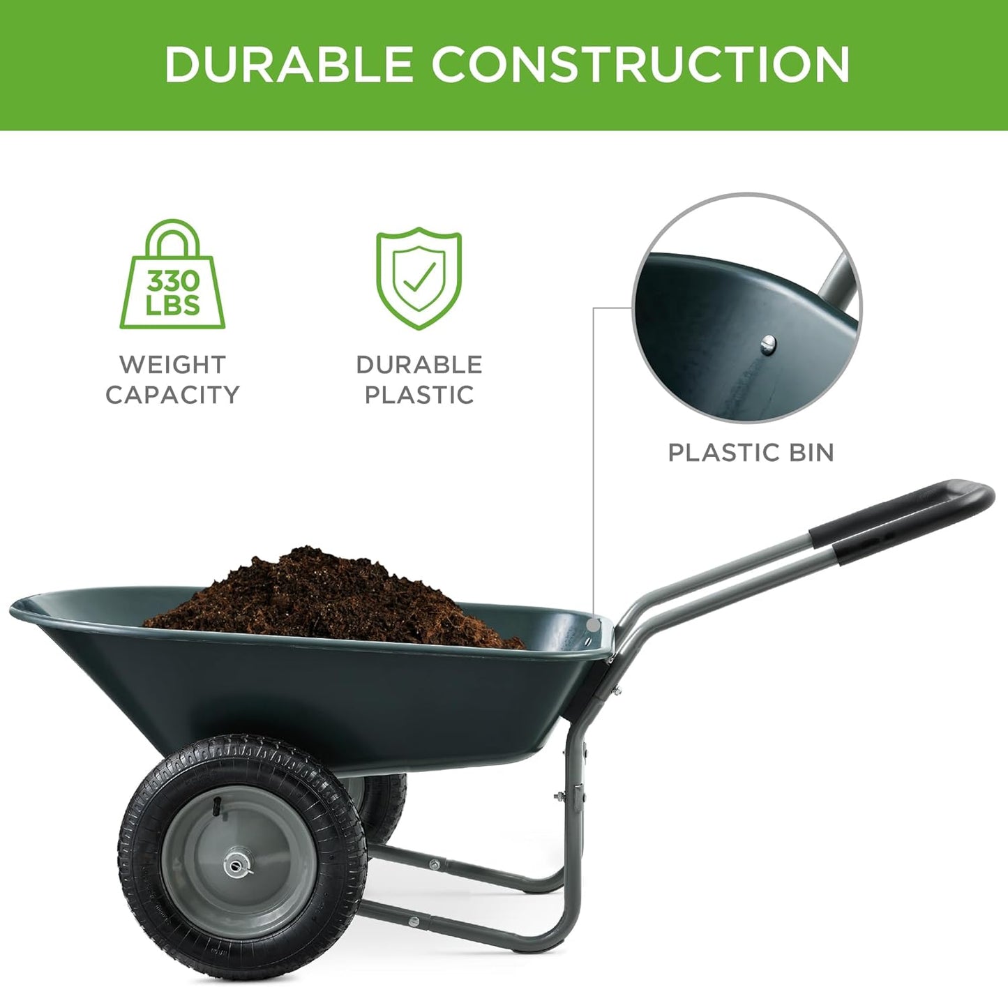 Best Choice Products Dual-Wheel Home Utility Yard Wheelbarrow Garden Cart w/Built-in Stand for Lawn, Gardening, Construction - Dark Gray