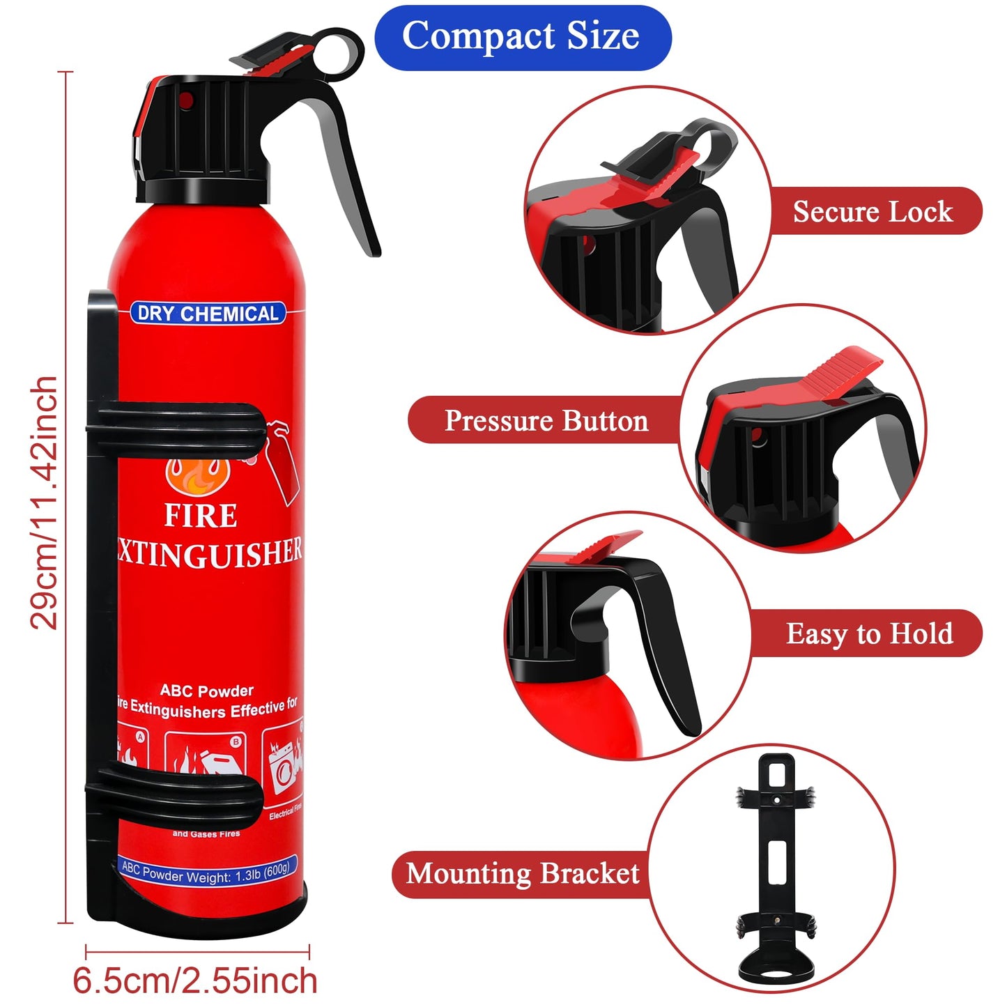 1 Pack ABC Dry Chemical Fire Extinguisher, Portable Dry Powder Fast-Acting Fire Extinguishers with Mount, Suitable for Home, Car, Boat, Truck, Electrical, Grease Fires
