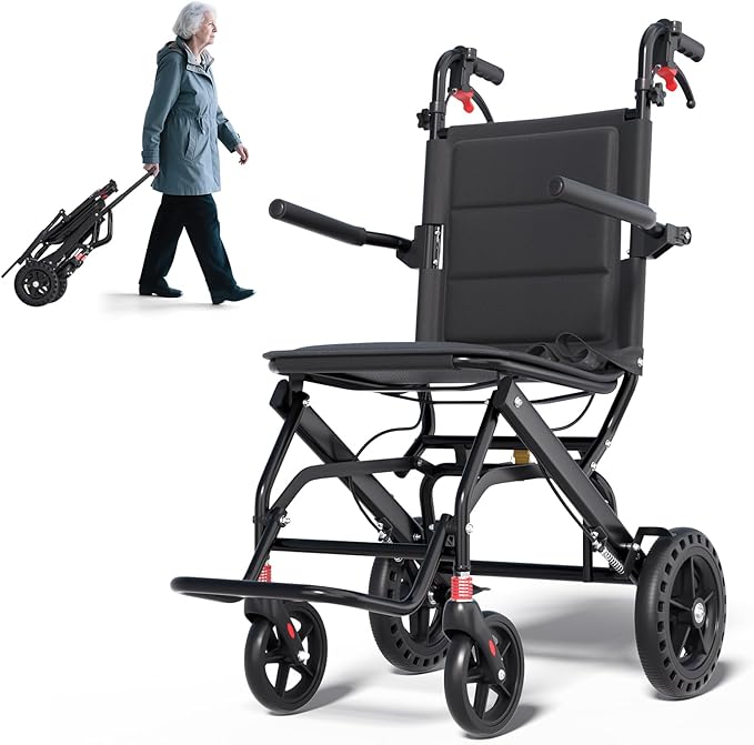 Lightweight Transport Portable Folding Wheelchair, Ultra-Light Wheelchair (Only 17lbs) with Telescopic Handle & Cupholder ...