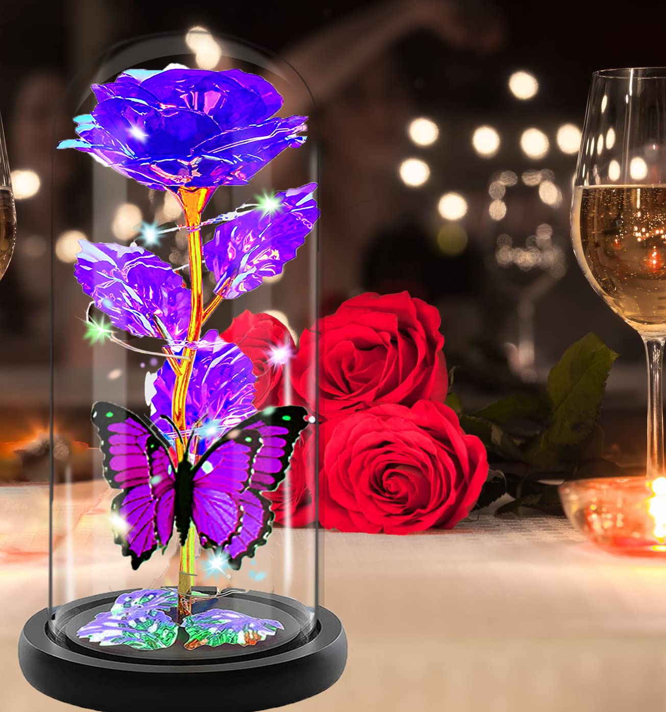 Birthday Gifts for Women, Flowers Gifts for Women Mom Her, Galaxy Crystal Light Up Rose Flower in A Glass Dome, Christmas Rose Presents Wife Grandma Sister Butterfly Purple