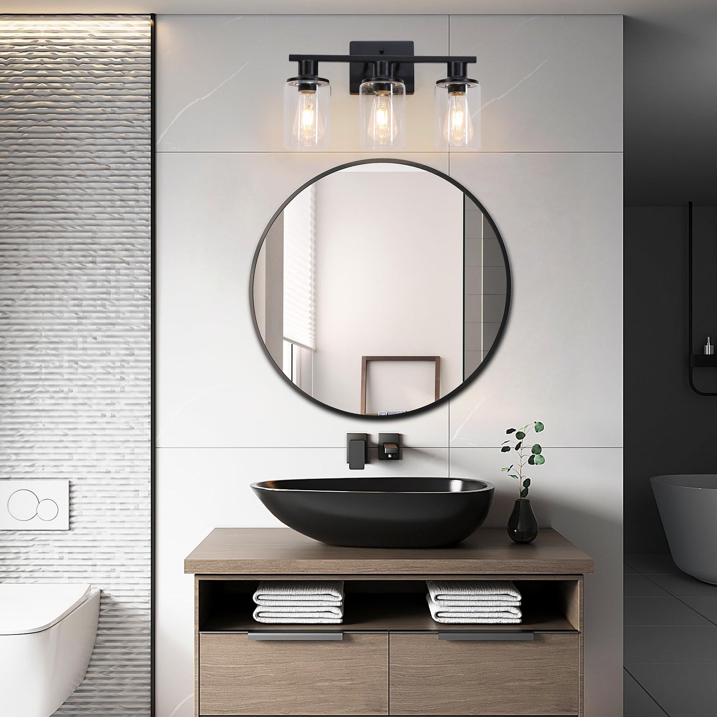 Litaddscen Matte Black Bathroom Light Fixtures Over Mirror,3-Light Bathroom Vanity Light with Clear Glass Shade,Modern Farmhouse Wall Sconces Lighting for Mirror Kitchen Living Room Cabinet