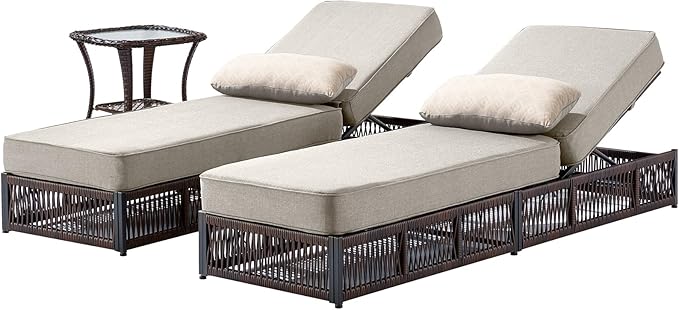 ACTREST Luxury Outdoor Chaise Lounge Chairs of 2 with 5 Inch Thick Cushions and Side Table - 3 PCS High Back Brown Wicker Rattan Patio Recliners Lounger Furniture Set for Poolside Sunbathing - Beige