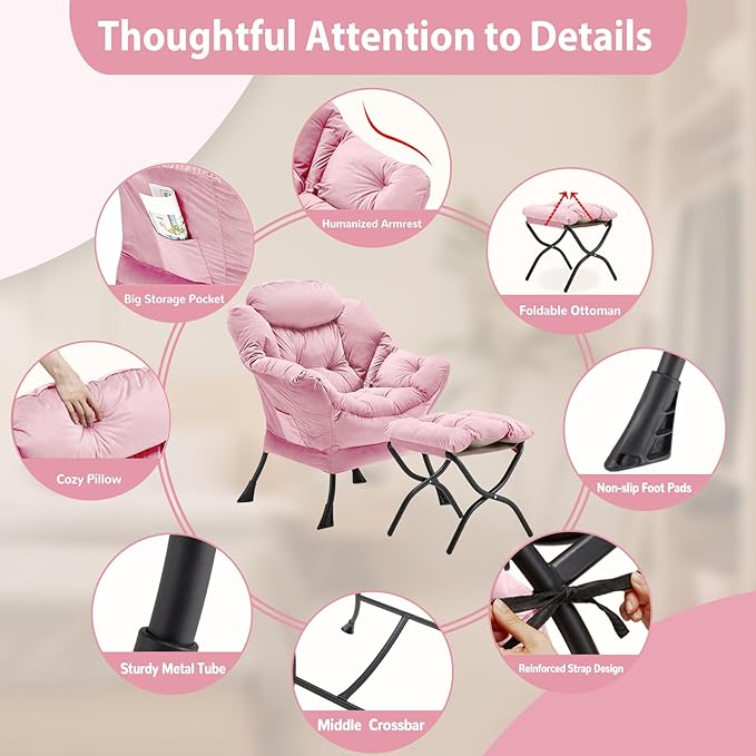 Youtanic Lazy Chair with Folding Ottoman, Accent Chair Velvet Upholstered with Metal Structure and Non-Slip Pads, Sofa Armchair with Footrest and Side Storage Bag for Dorm, Room, Office, Pink