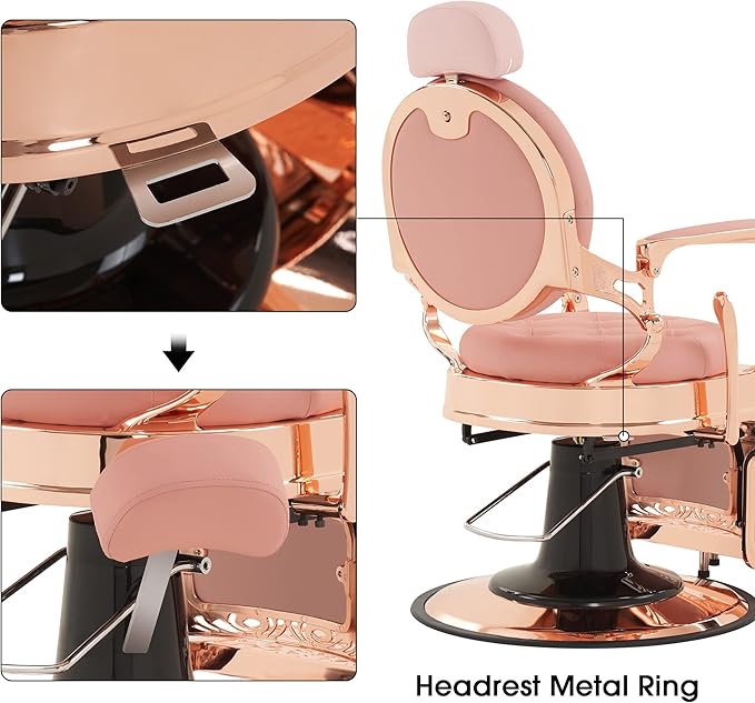 BarberPub Heavy Duty Metal Vintage Barber Chair All Purpose Hydraulic Recline Salon Beauty Spa Chair Styling Equipment 8914 (Pink with Pink Frame)