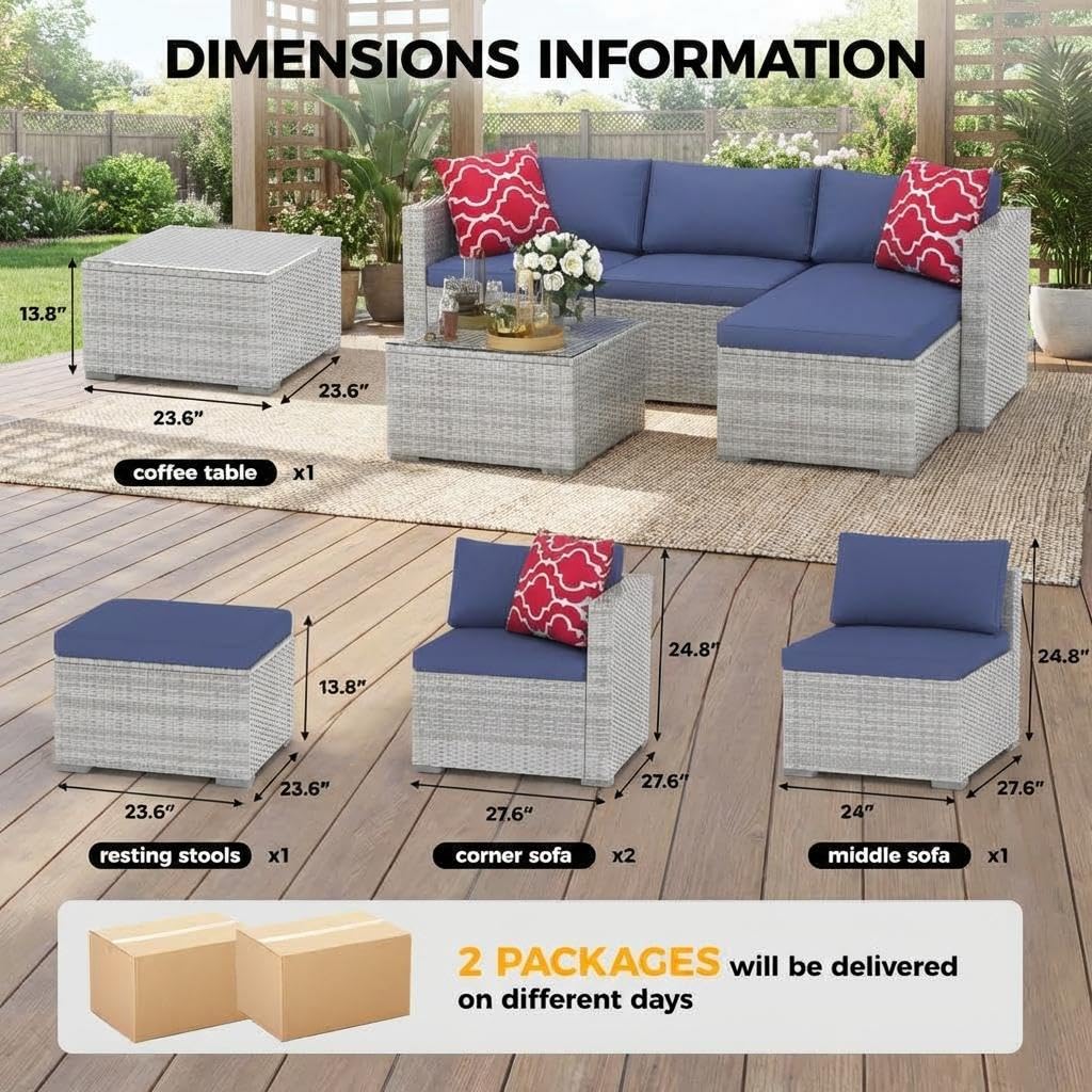 5-Piece Outdoor Sectional Sofa Set, Outdoor Patio Set Sectional Sofa, All-Weather PE Rattan Patio Furniture with Ottoman & Tempered Glass Table for Garden, Backyard, Porch, Poolside (Brown/Blue)