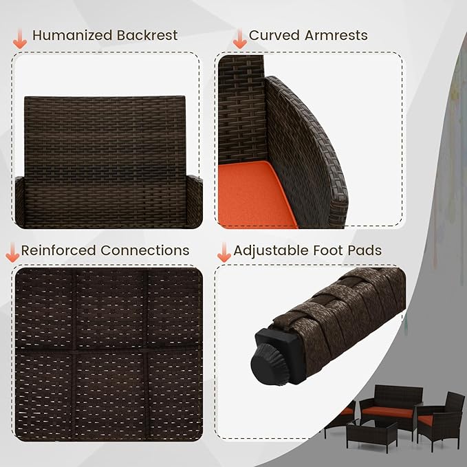 HAPPYGRILL 4 Pieces Outdoor Rattan Conversation Set, Patio Wicker Furniture Set with Loveseat Chairs & Tempered Glass Coffee Table, Outside Sectional Sofa Set for Backyard Garden Poolside, Orange