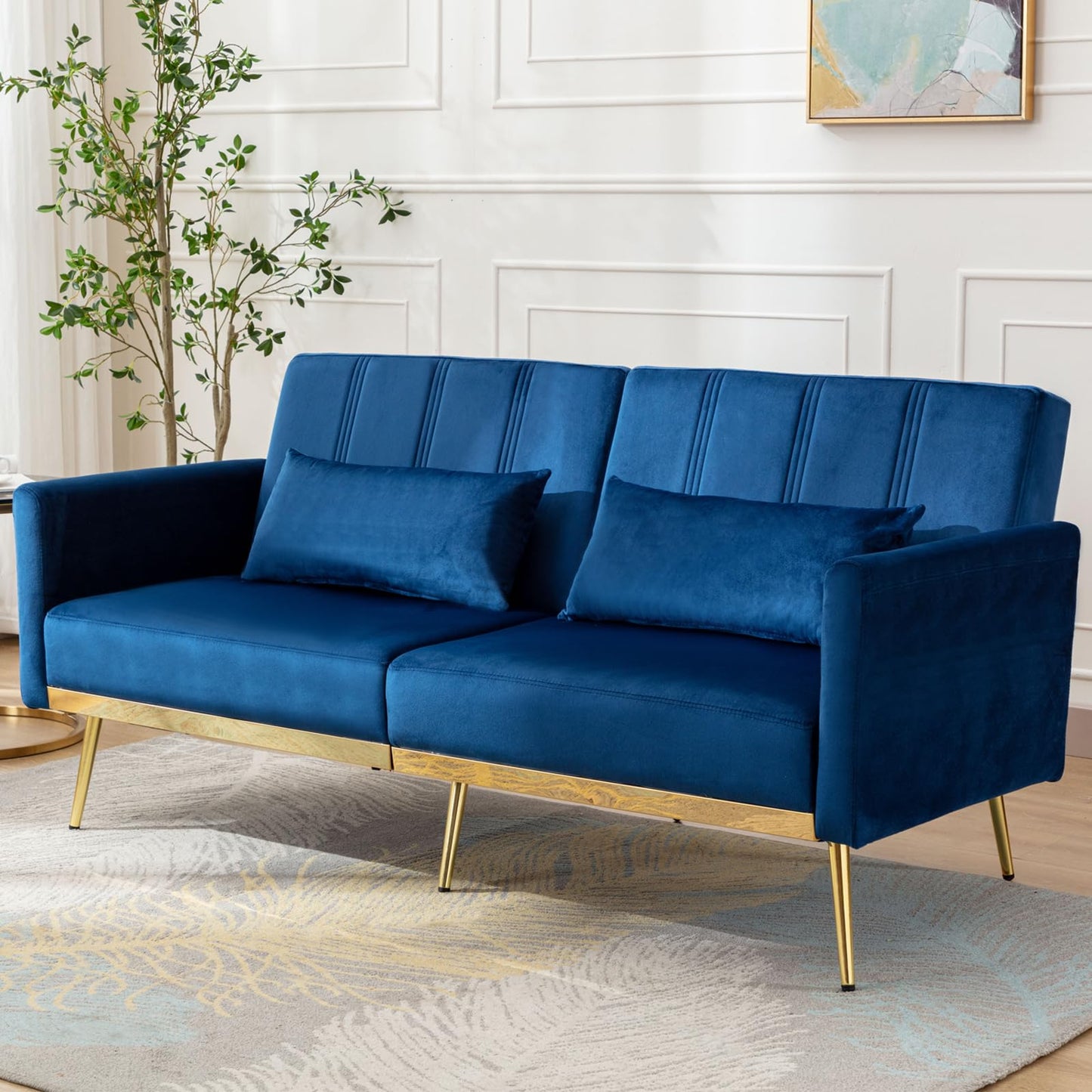 dannratch Futon Sofa Bed Velvet Convertible Sleeper Sofa Tufted Couch Bed with Adjustable Armrests and Backrest, Modern Loveseat Sleeper Bed with 2 Bolster Pillows for Living Room, Bedroom, Blue
