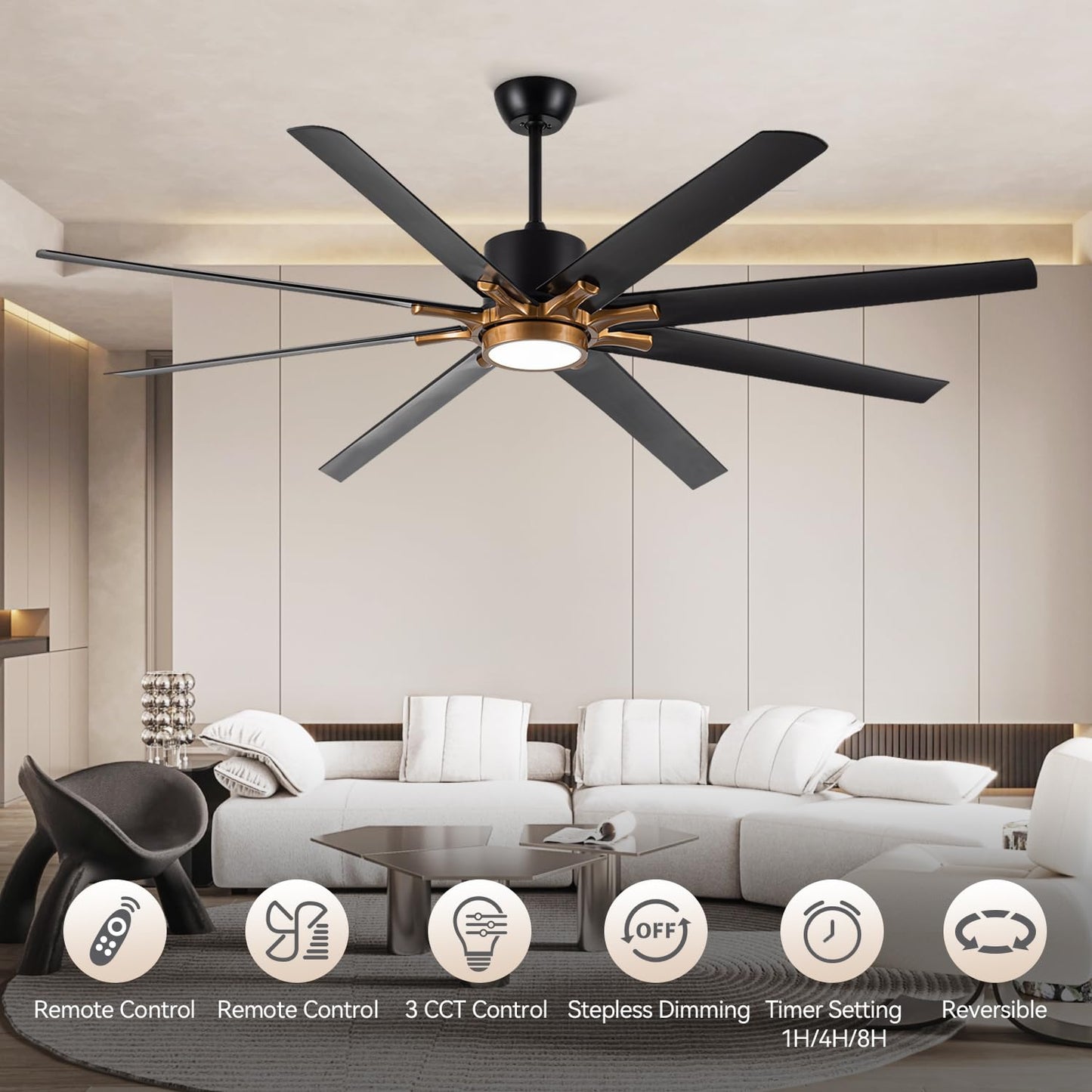 Lofikedi 72 Inch Large Ceiling Fan With Light And Remote Control, 8 Blades Modern Ceiling Fan With Reversible Dc Motor, Stepless