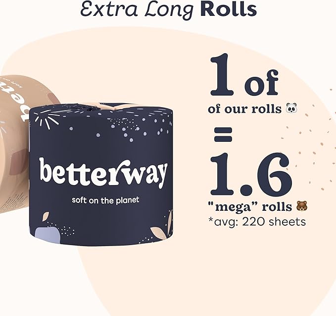 Betterway Bamboo Toilet Paper 3 Ply - Sustainable Toilet Tissue - 24 Long-Lasting Rolls & 360 Sheets Per Roll - Septic Safe - Organic, Plastic & PFAS Free - FSC Certified