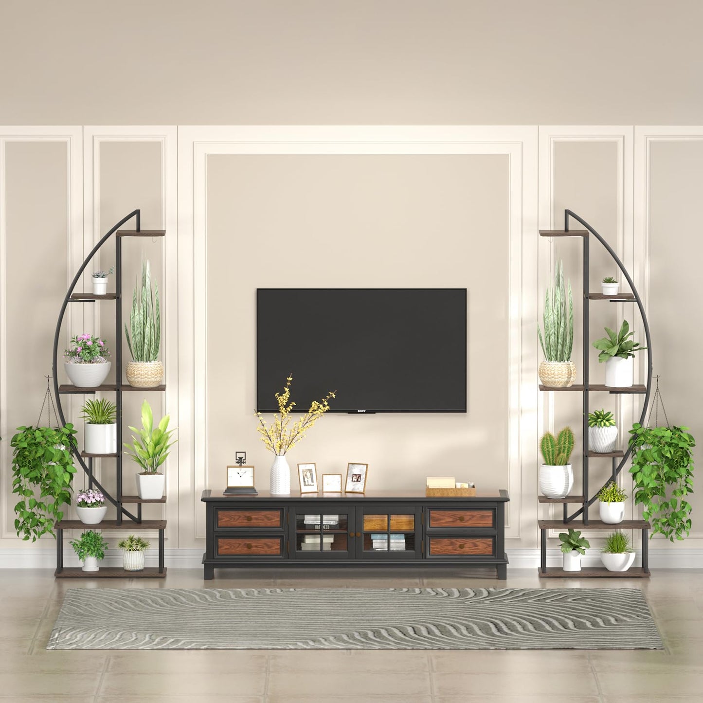 BLAZPATH Plant Stand Shelf Rack Indoor with 6 Built in Grow Light, 7 Tier 65" Tall Pair Large Half Moon Lighted Plant Stand with Hanging Hook, 2 Black Circle Sturdy Tiered Herb Shelving with Lighting