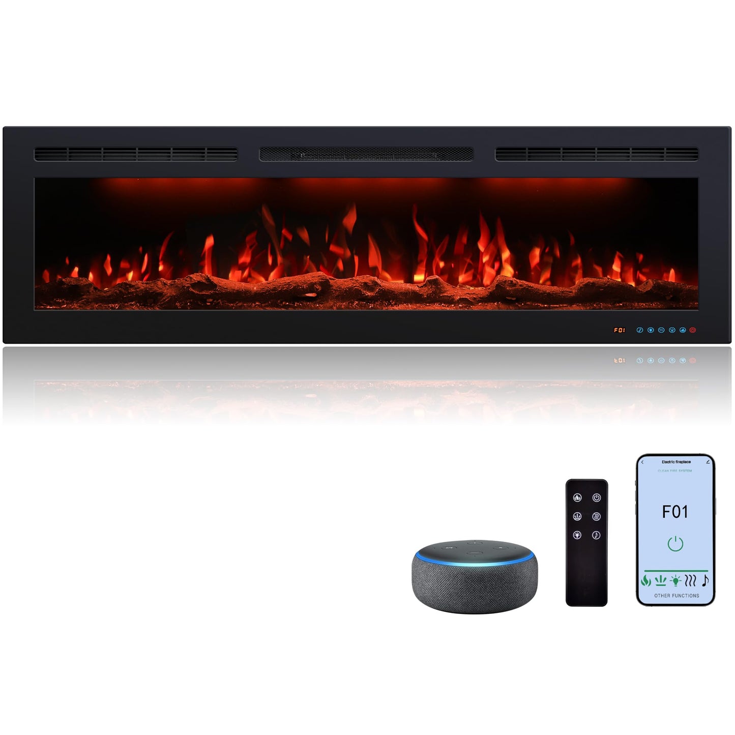 60 inch Electric Fireplace Heater, Smart Control via Alexa& App, Recessed and Wall Mounted Fireplace Insert with Multicolor Realistic Flame Effects,Crackling Sound and Logs& Crystal,5100Btus, Black