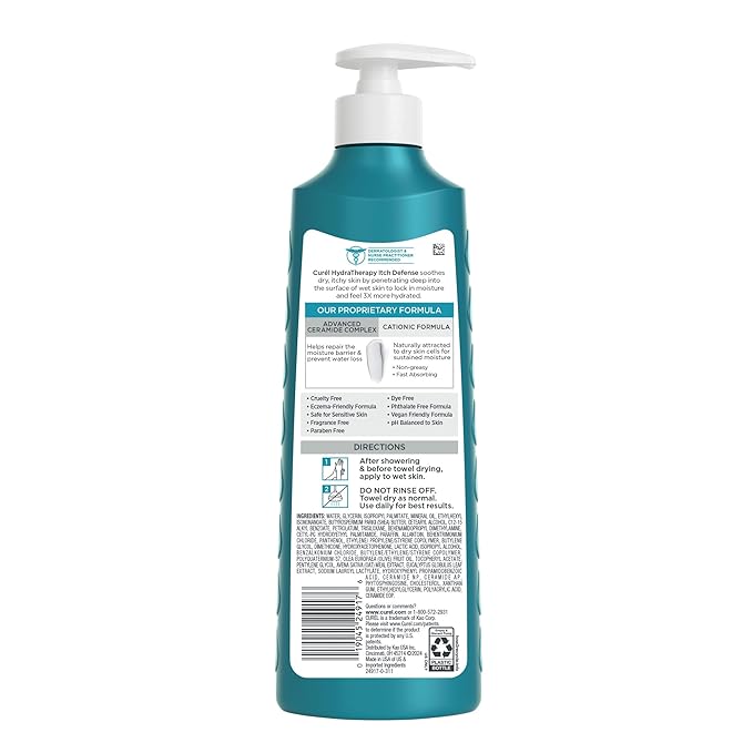 Curel Itch Defense In Shower Lotion for Sensitive and Dry Skin, Hydra Therapy Body Lotion with Vitamin E, Fast-Absorbing Ceramide Moisturizer, Repairs Moisture Barrier, Unscented, 12 Oz (Pack of 2)