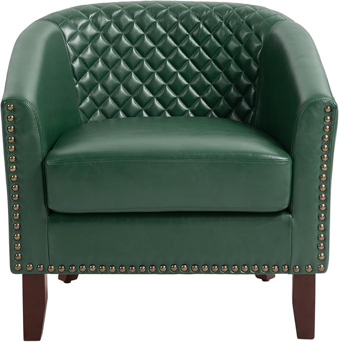 UIXE Faux Leather Barrel Accent Chairs Set of 4, Modern Club Upholstered Arm Chair, Comfy Armchair Nailed Trim Living Room Single Sofa Reading Seat Bedroom Side Sitting for Office, Green