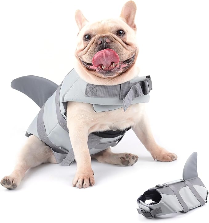 Hifrenchies Dog Life Jacket Shark Swimming Vest Dog Safety Swimsuit Floatation Life Vest for French Bulldog/Pug(M,Shark)
