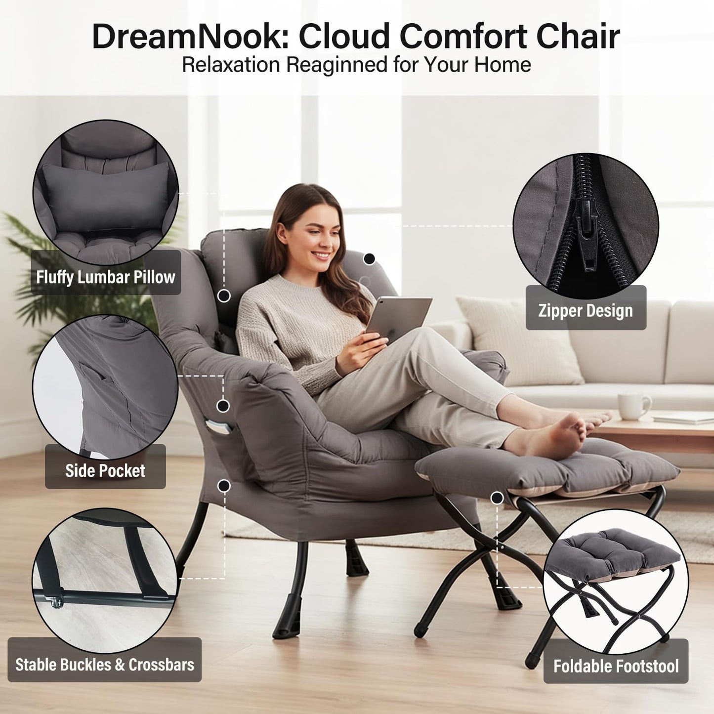DreamNook Lazy Chair with Ottoman, Modern Accent Chair with Lumbar Pillow, Dark Grey Sofa, Armchairs with Folding Footrest, Oversized Supportive Chairs for Bedroom, Reading