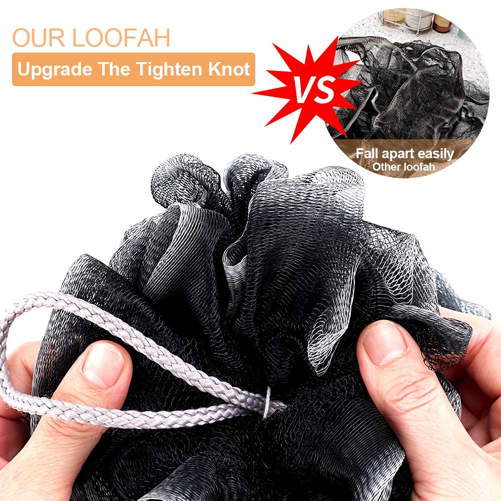 Novosun Loofah Bath Sponge Set - Extra Large 4 Pack, Soft Mesh Pouf Scrubber for Exfoliating Skin, Black, Model LF-0112, 75g