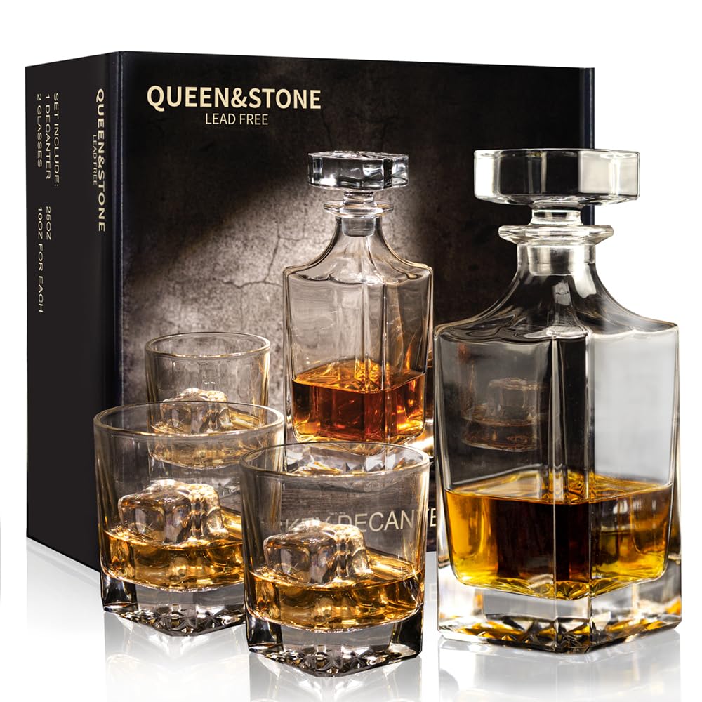 Square 25Oz Whiskey Liquor Decanter Set With 2 Glasses in Box,Decanter Set for Scotch Liquor,Whiskey Wine Decanter Suit for Men and Women Father Coworkers Lovers
