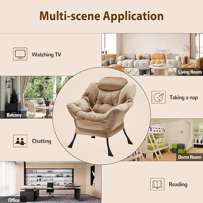 Youtanic Lazy Chair Thick Padded, Comfy Velvet Accent Lounge Chair with Stable Frame, Leisure Sofa Armchair with Armrests and Side Pocket, Reading Chair for Bedroom, Living Room, Office, Khaki