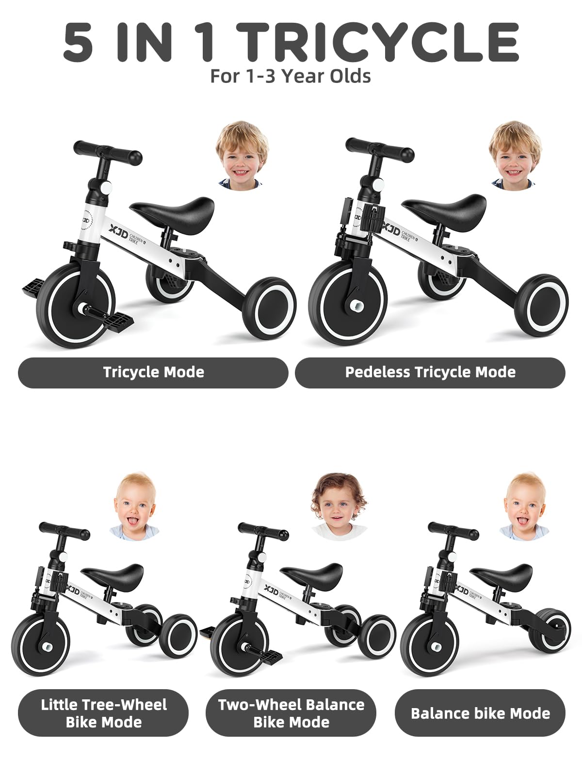XJD 5 in 1 Toddler Bike, Tricycle for Toddlers 1-3 with Adjustable Seat Height, Removable Pedals, Ideal Balance Bike Birthday Gifts and Toys for Boys and Girls (White)