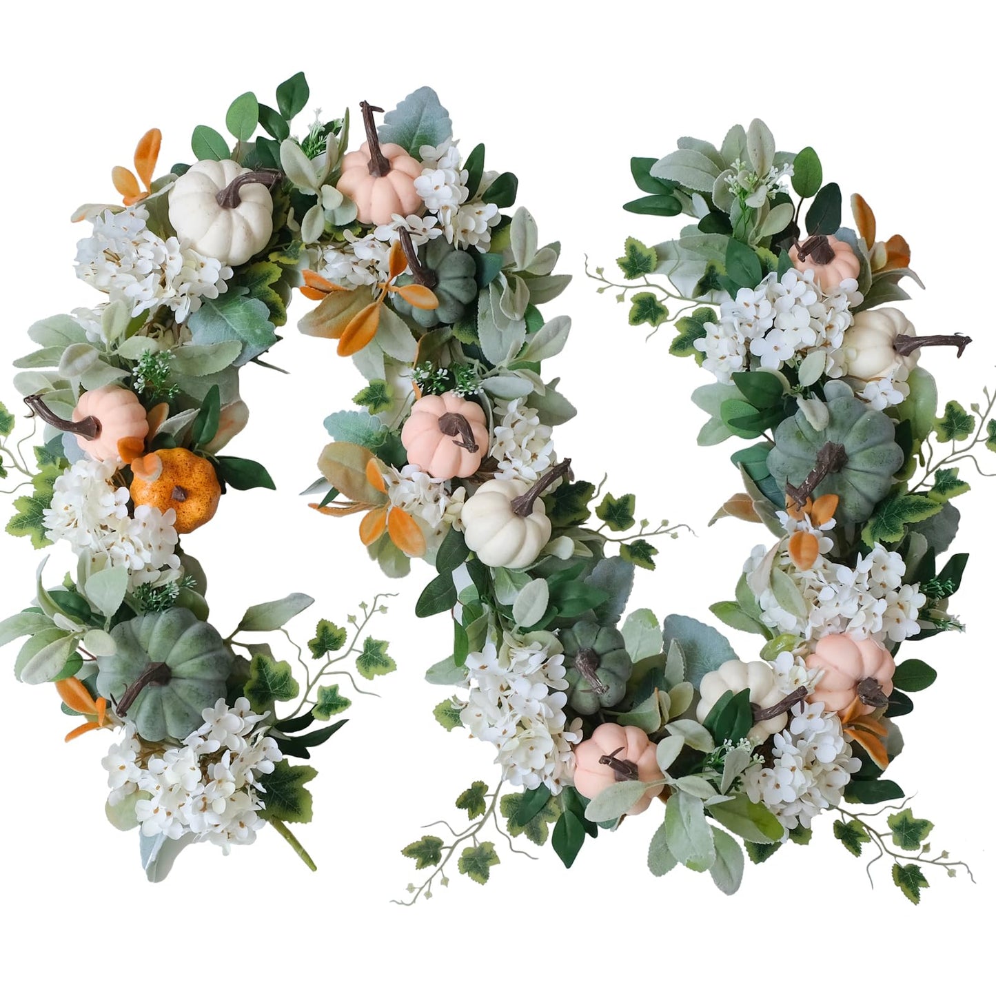 Egolot Fall Pumpkin Hydrangea Flower Garland for Doors Wall, Autumn White Coral Pumpkins with Lamb Ear Leaves for Home Decoration, Fall Home Decor Wreath Garland