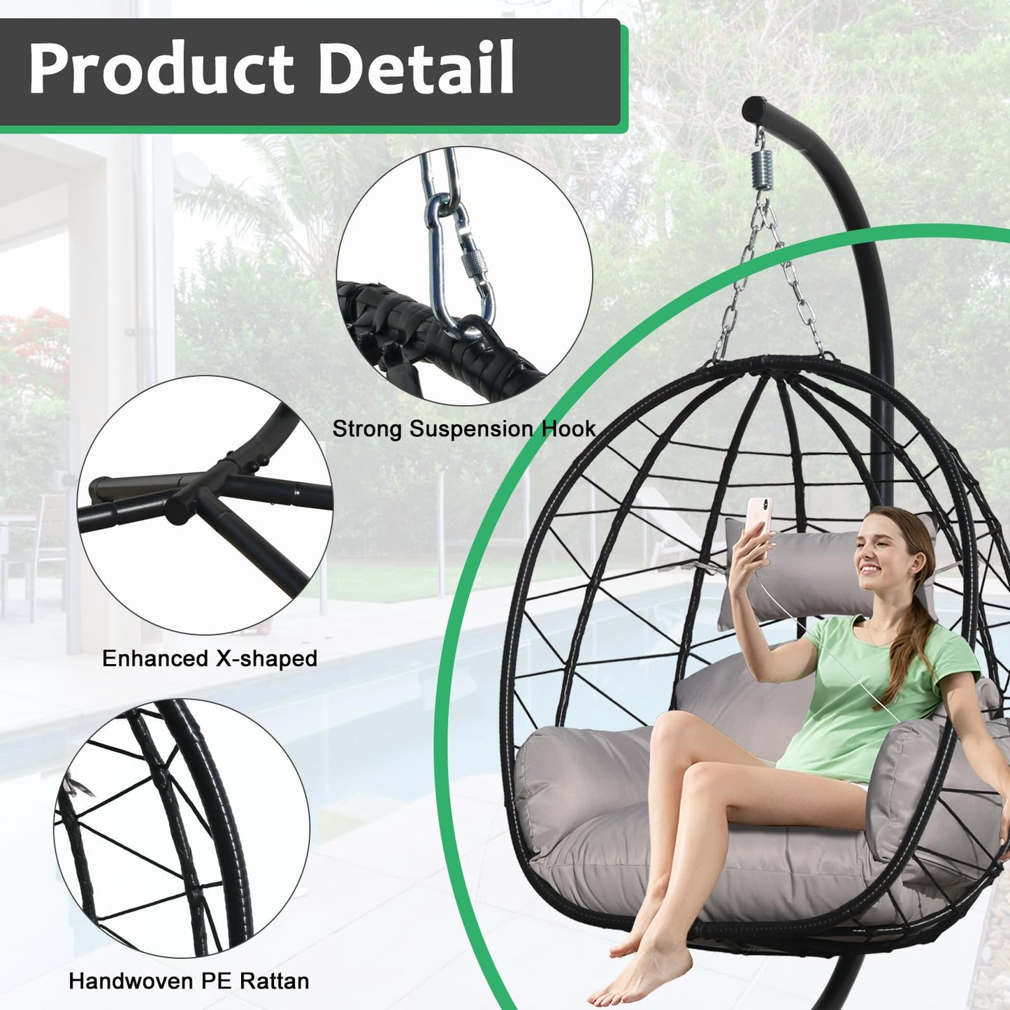 Egg Chair with Stand, Uv-Proof Pe Wicker Hanging Chair for Outdoor Patio, Cushioned Hammock Swing for Bedroom Garden Indoor/Outdoor, Double-Zipper Structure Hanging Egg Chair (Black and Gray)