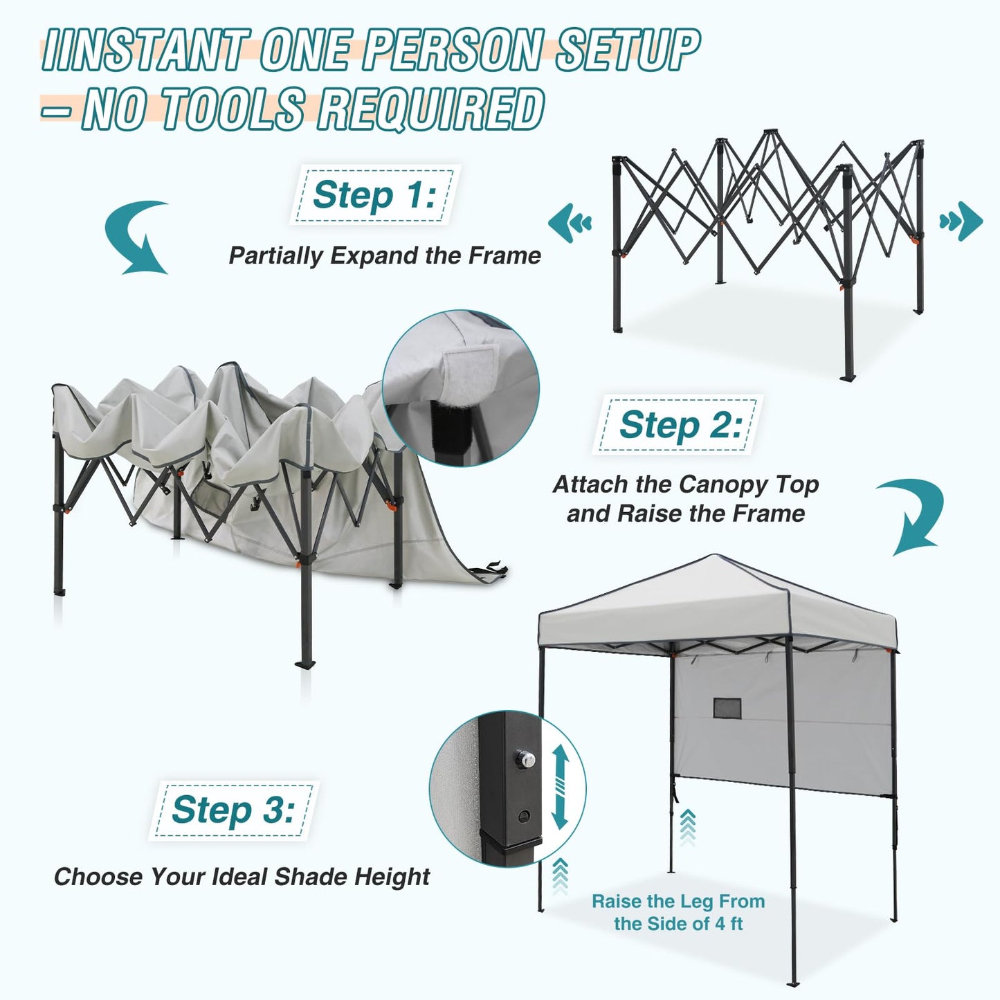 EAGLE PEAK Instant Pop Up Canopy with Adjustable Sun Wall 6x4, Straight Lightweight Compact Portable Tent with Carry Bag, Gray