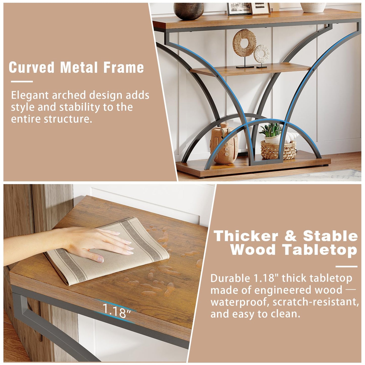 Espelism 47.2" Console Table for Entryway, 3-Tier Narrow Sofa Table with Curved Frame, Industrial Rustic Wood Accent Table with Storage Shelves for Hallway, Living Room, Foyer (Brown, 47.2")