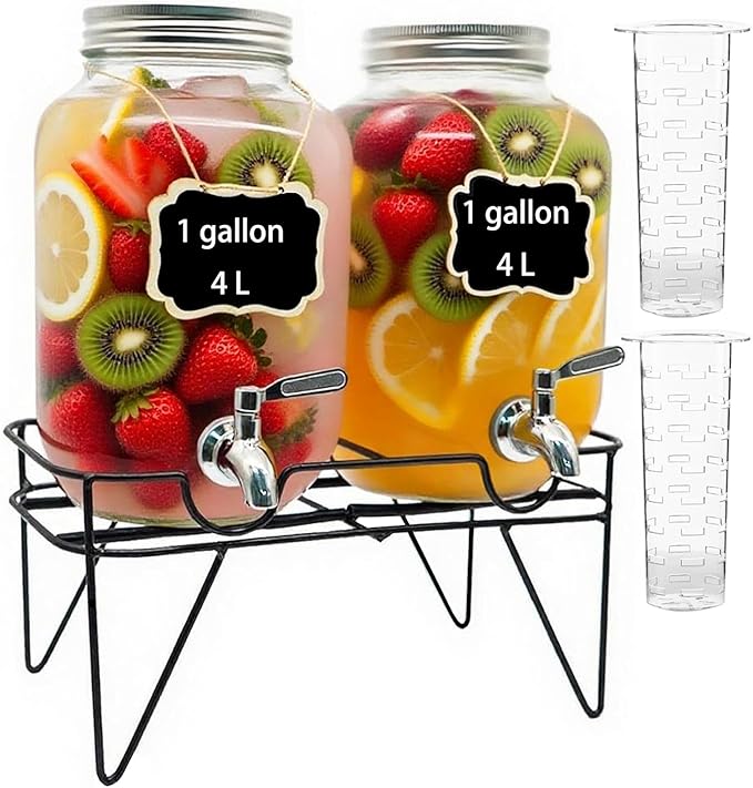 Toowood 1 Gallon Glass Drink Dispensers For Parties 2PACK, Beverage Dispenser, Glass Drink Dispenser with Stand Stainless ...