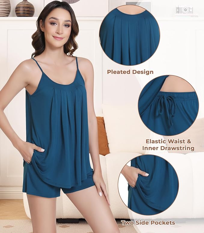 NACHILA Pajamas for Women-Viscose from Bamboo, Ribbed Racerback Tank Top Sexy Split Shorts Pajama Sets Cooling Sleep Cami Pjs