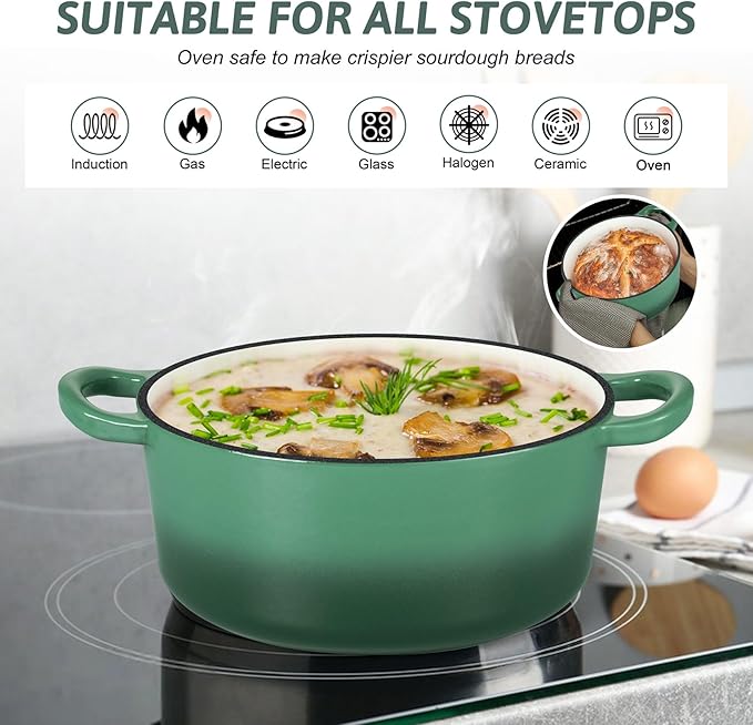 TeamFar Enameled Cast Iron Dutch Oven - 3QT Small Dutch Oven Pot with Lid - Heavy Duty Cast Iron Pot Cookware for Bread Baking, Braising, Stewing, Roasting, Basil Green