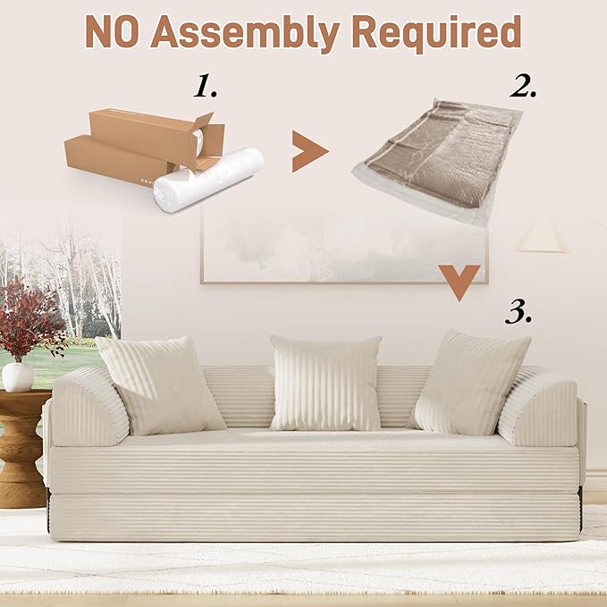 Folding Convertible Sofa Bed with 3 Pillows, 79 " Corduroy Boneless Couch with Armrest Pockets, Lounge Loveseat Sleeper with Pull Out Bed, Memory Foam Compressed Sofa for Living Room Bedroom, Beige