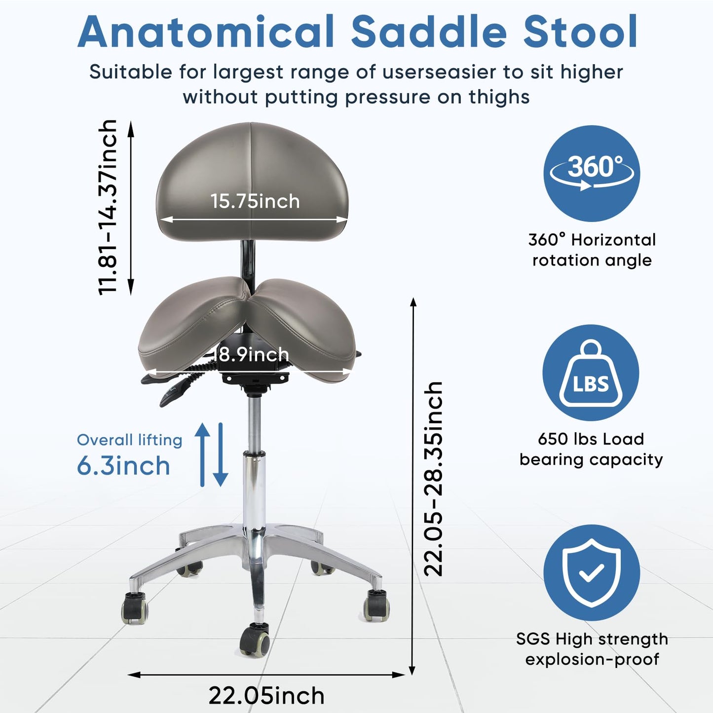 LIMKOMES Saddle Stool with Wheels,Rolling Stool with Back Support&Split Seats,Ergonomic Stool Saddle Stool for Hair Stylist for Dentist Salon Tattoo(Drak Grey