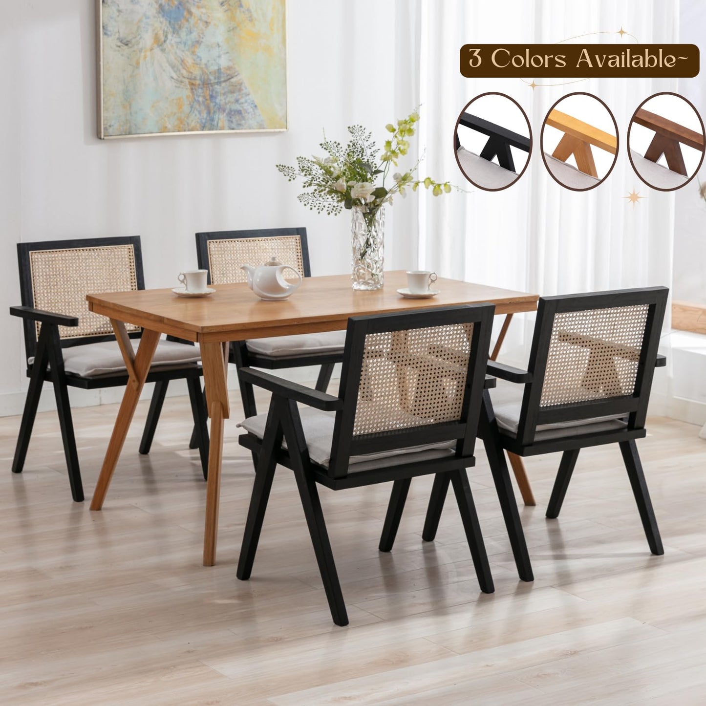 ChicAura Farmhouse Rattan Dining Chairs Set of 4, Modern Upholstered Dining Chairs Cane Back Country Kitchen Chairs with Arms Comfy French Country Linen Side Chairs for Kitchen Dining Room, Black Wood