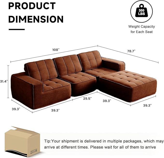 108" Boneless sectional Couch for Living Room,Convertible L-Shape Fleece Couches with Ottoman, Cloud Modular Sofa with Deep Seat for Bedroom, No Assembly, Orange