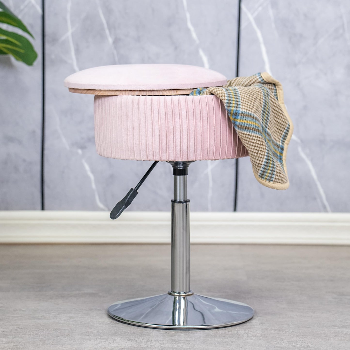 LITZFUR Pink Vanity Stool for Makeup Room, Round Storage Ottoman Height Adjustable Velvet Vanity Chair, 360° Swivel Footrest for Living Room Bedroom