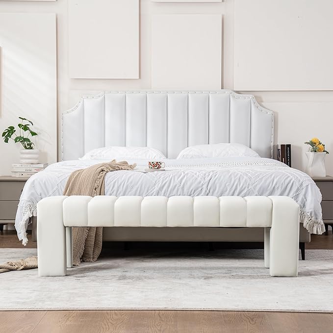 AIITTCC Velvet End of Bed Bench Upholstered Modern 59" Bedroom Bench for King Bed Bench Tufted Window Bench Comfy Long Ottoman for Living Room/Entry/Indoor (Ivory White, 59" Wide)
