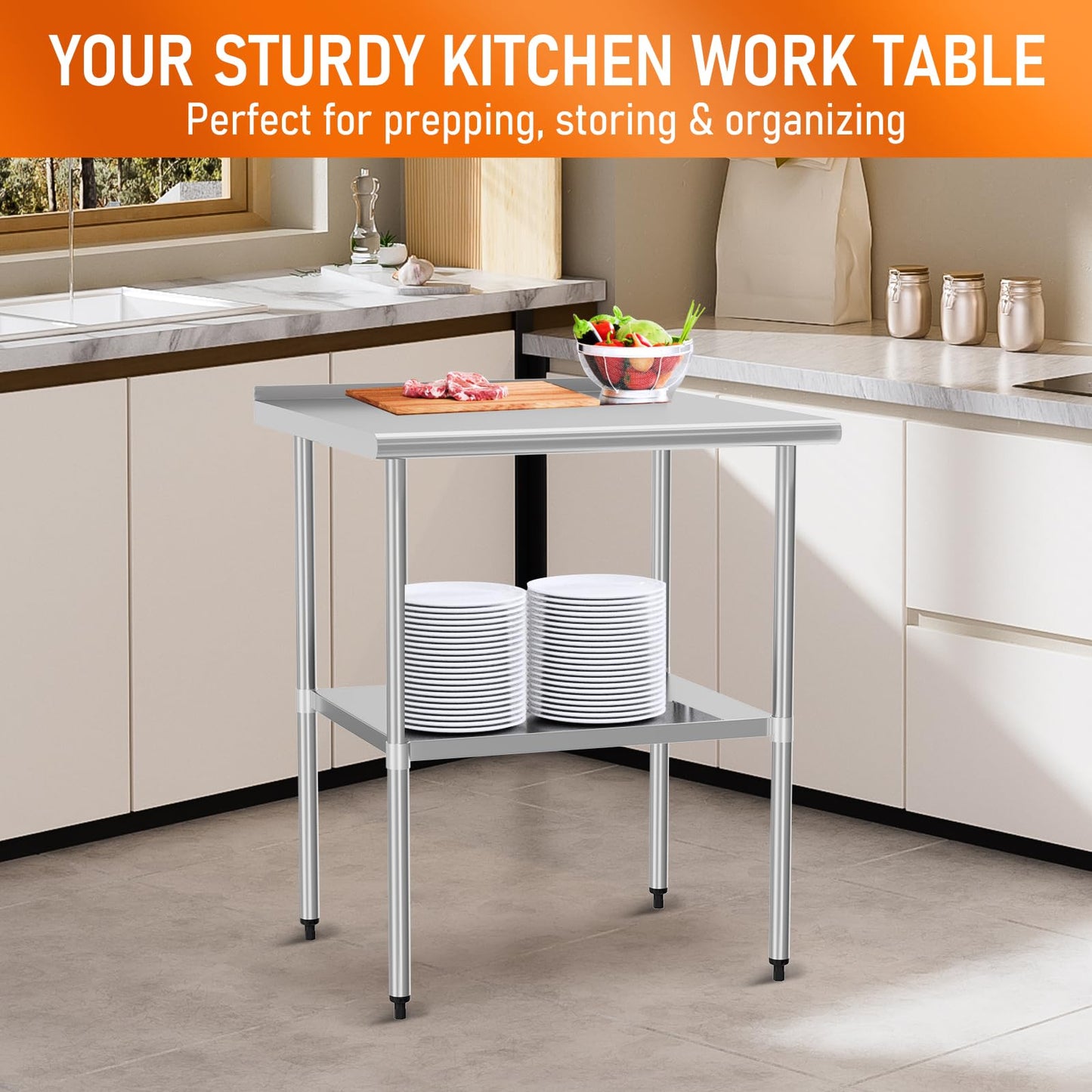 HOCCOT Stainless Steel Table for Prep & Work 30" X 30" inches with Adjustable Undershelf and Backsplash, Commercial Workstations, Utility Table in Kitchen Garage Outdoor BBQ